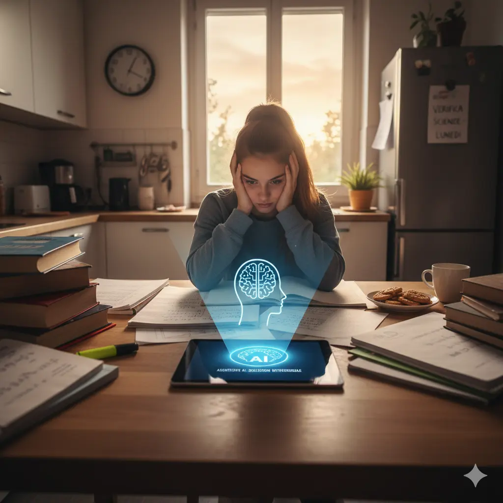 Compiti a casa: studentessa seduta alla scrivania, tra libri e AI