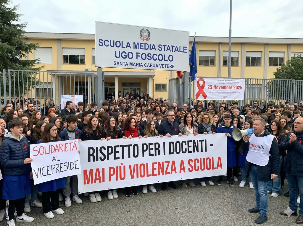 Condanna per aggressione al vicepreside: manifestazione di solidarietà di alunni e docenti davanti ad una scuola
