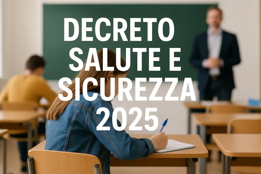 In primo piano la scritta "Decreto salute e sicurezza 2025". Sullo sfondo - sfocato - un docente durante una lezione in classe.