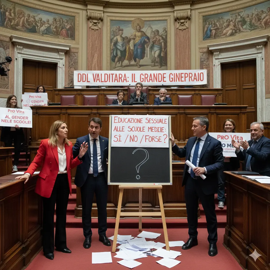 Educazione sessuale alle scuole medie: "Un gruppo di persone, tra cui alcuni politici, si trova in una sala che sembra essere un'aula parlamentare. Al centro, un politico mostra una lavagna con la scritta "Educazione sessuale alle scuole medie: Sì/No/Forse?" e un punto interrogativo. Un altro politico tiene in mano un documento, mentre altri partecipanti mostrano cartelli con scritte come "DDL Valditara: il grande ginepraio" e "Pro Vita. No al gender nelle scuole!". A terra sono sparsi numerosi fogli di carta."