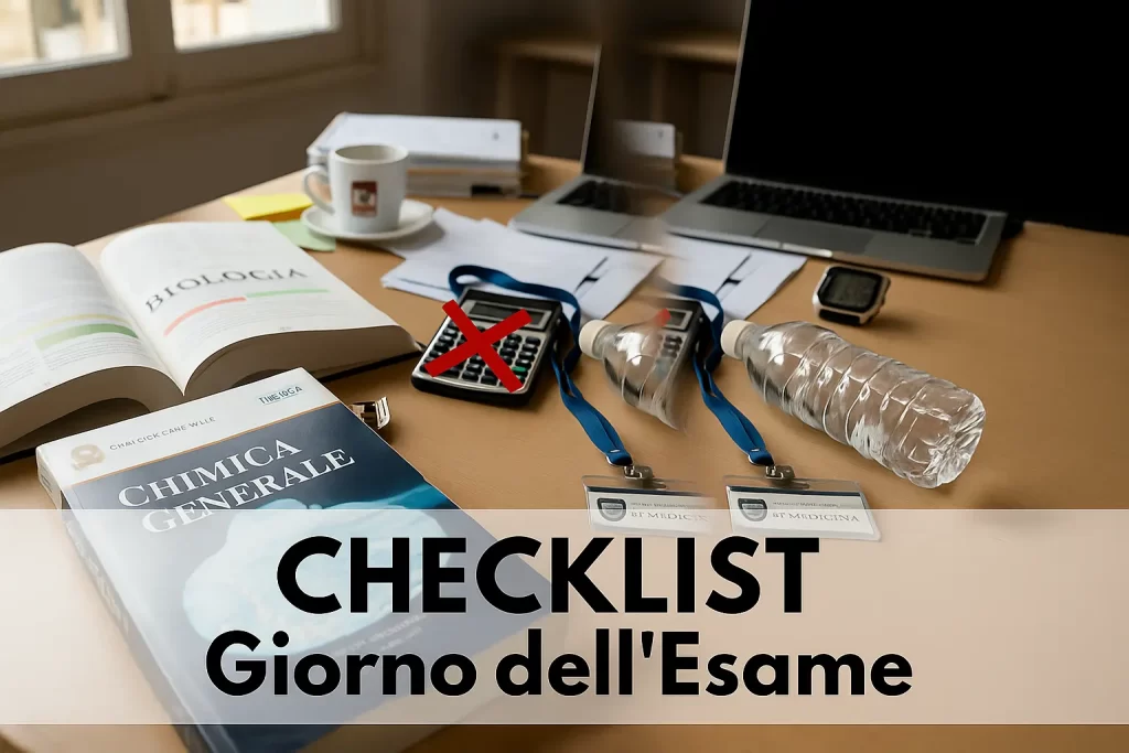 Guida al Semestre aperto Medicina 2025: oggetti su una scrivania (pc, bottigliette d'acqua, libri, tazza di caffè, appunti) e in primo piano la scritta "Checklist: giorno dell'esame"