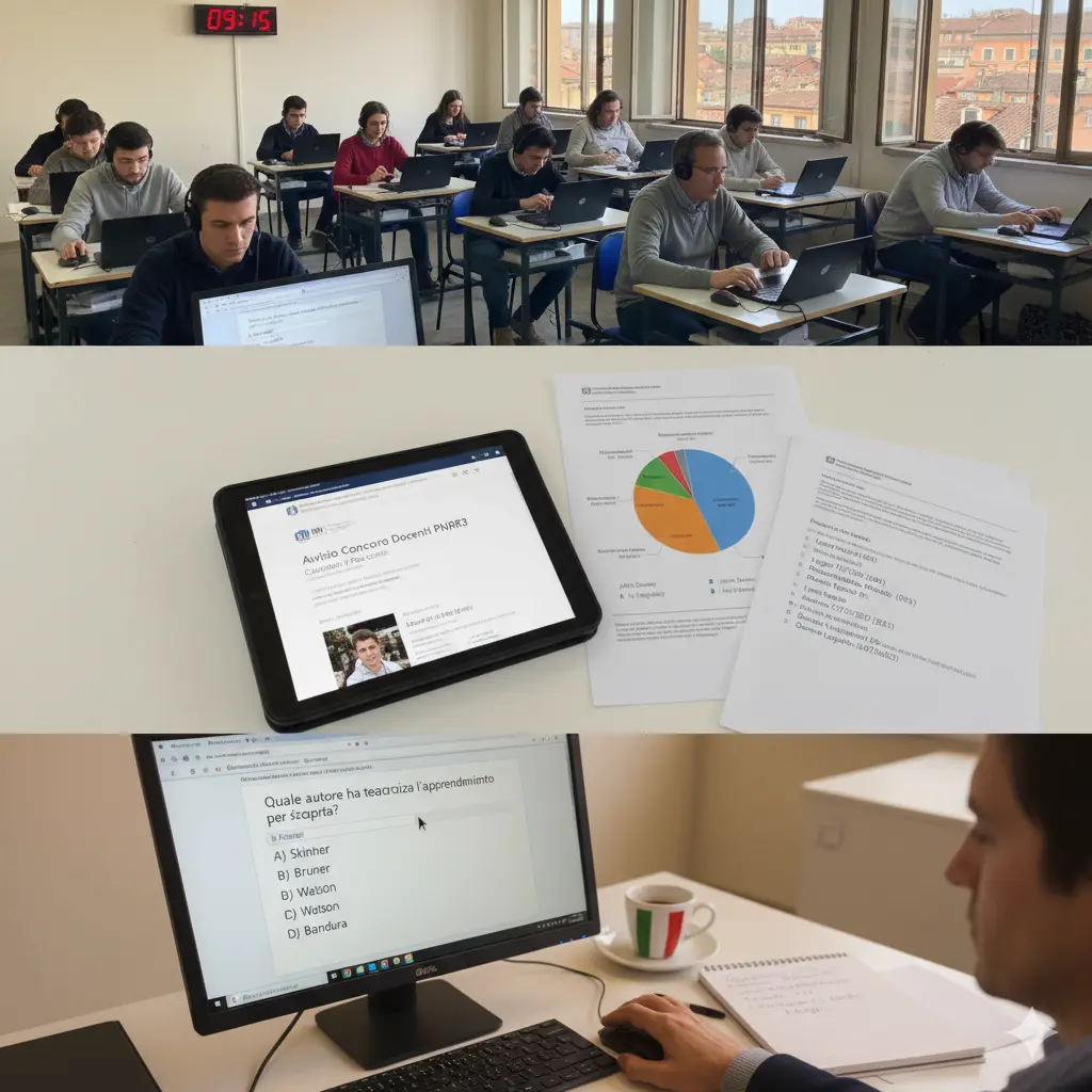 Guida prova scritta PNRR3: foto con 3 momenti del test del Concorso