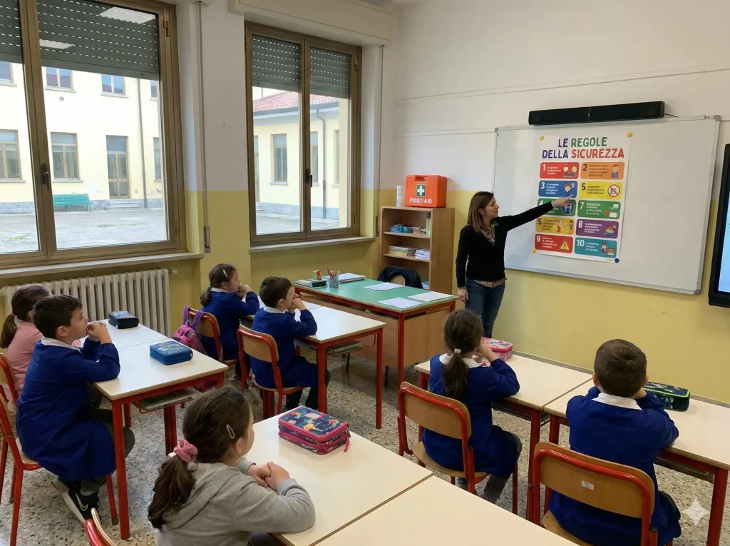 Il Dossier scuola 2025 dell'Inail: alunni durante una lezione sulla sicurezza in classe