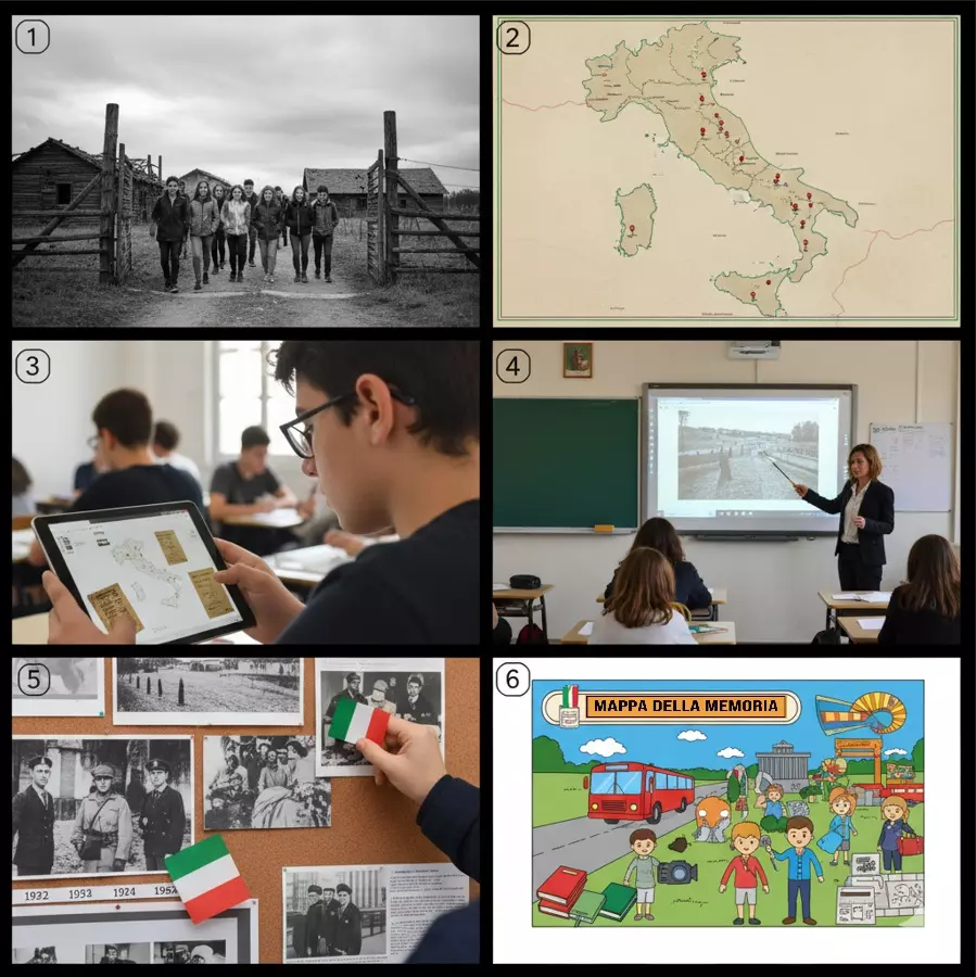 La Mappa della memoria: foto divisa in 6 parti (alunni in un campo di concentramentno, cartina Italia, alunni in classe, bacheca con foto storiche, disegno di un viaggio d'istruzione