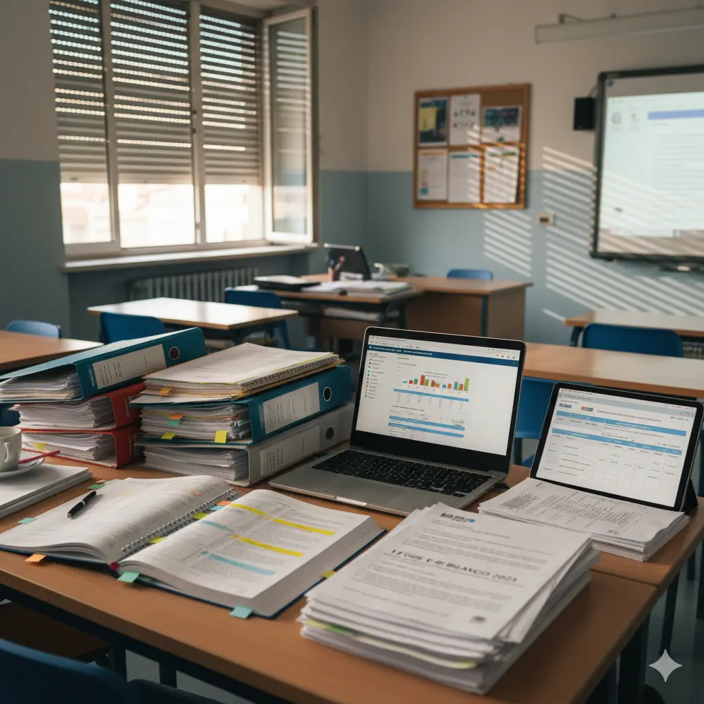 Legge di Bilancio 2025: emendamenti Anief. Faldoni e pile di documenti su una scrivania