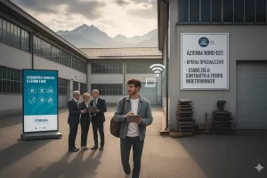 Mismatch Competenze nel Nord Est: Alcuni dirigenti e un giovane alla ricerca di lavoro nel cortile di un'azienda.