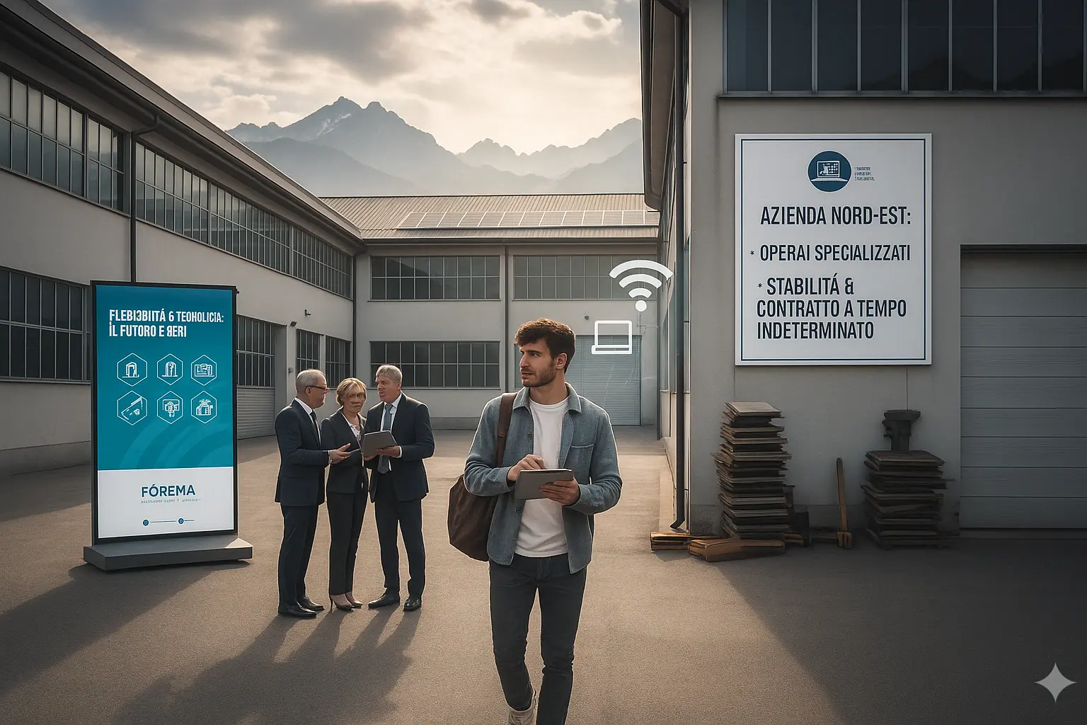 Mismatch Competenze nel Nord Est: Alcuni dirigenti e un giovane alla ricerca di lavoro nel cortile di un'azienda.