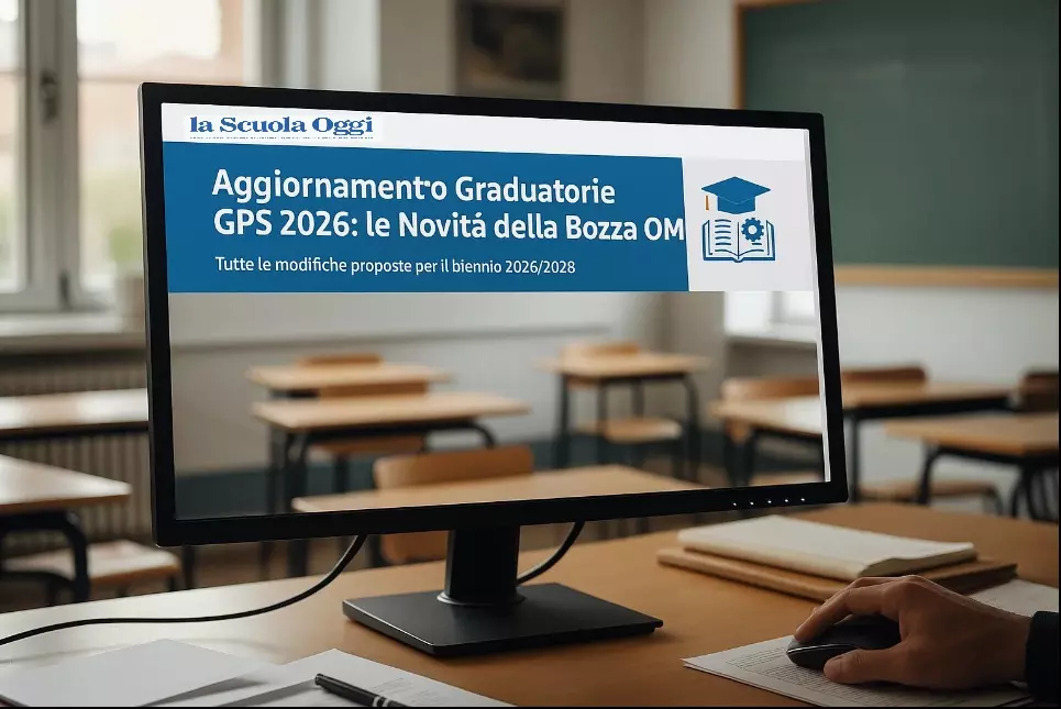 Novità della bozza GPS 2026: un docente (del quale è visibile solo la mano) consulta sul monitor del Pc una pagina su cui si legge "Aggiornamento Graduatorie GPS 2026: le Novità della Bozza OM"