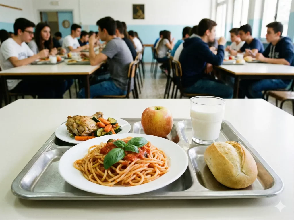 Nuove Linee Guida per l'Alimentazione Scolastica: vassoio con i cibi ammessi nelle mense scolastiche. Sullo sfondo studenti seduti durante la pausa pranzo.