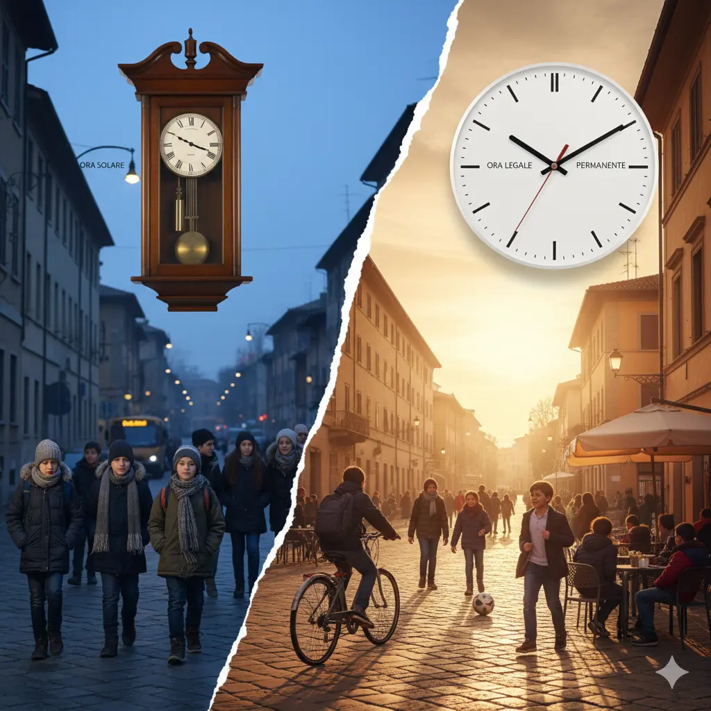 Ora legale permanente: foto divisa in due parti con due orologi da parete en sotto due momenti di vita comune legati all'ora