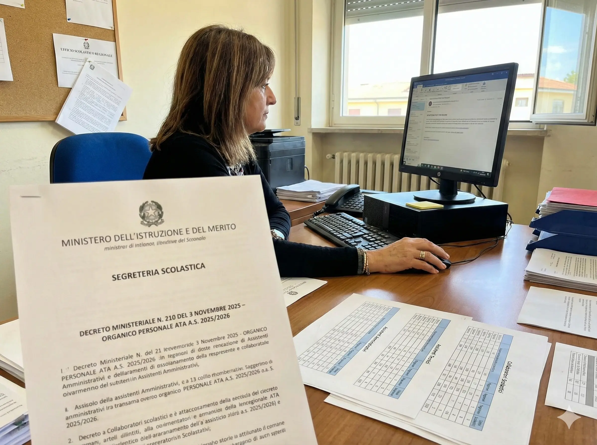 Organico ATA 2025/2026: funzionartio lavora al pc. In primo piano il DM 210/2025