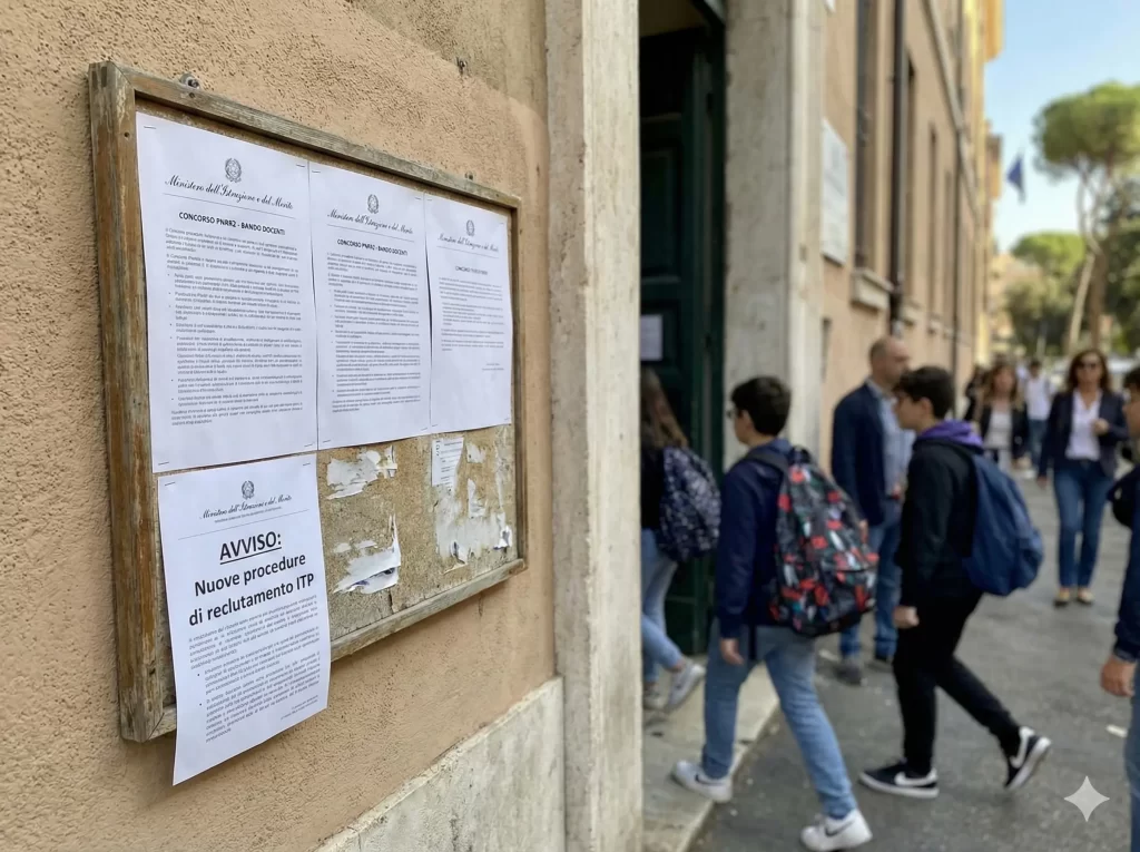 Cambio Sedi o Slittamento delle Prove Finali a Gennaio: studenti entrano a scuola. In primopiano una bacheca affissa al lato del portone.