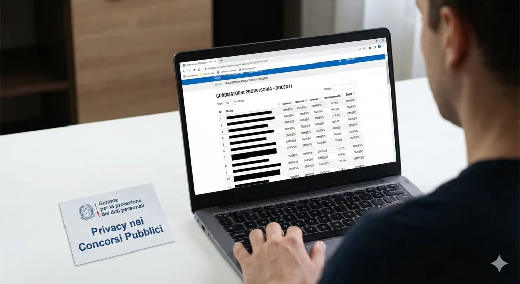 Privacy nei Concorsi pubblici: un utente consulta una graduatoria online con i dati sensibili oscurati