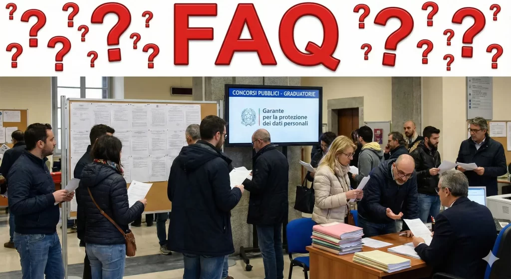 Privacy nei Concorsi pubblici: candiadti di un concorso consultano le graduatorie affisse in bacheca e si confrontano con i funzionari. In alto la scritta FAQ e diversi punti interrogativi.