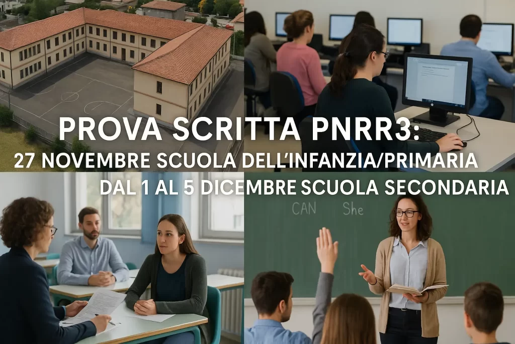 Immagine divisa in 4 parti (una scuola vista dall'alto, un momento della prova scritta del concorso docenti computer based, candidati che affrontano la prova orale, insegnante durante una lezione) e in primo piano la scritta: "Prova Scritta PNRR3: 27 novembre Scuola dell’Infanzia/Primaria, dal 1 al 5 dicembre Scuola Secondaria"