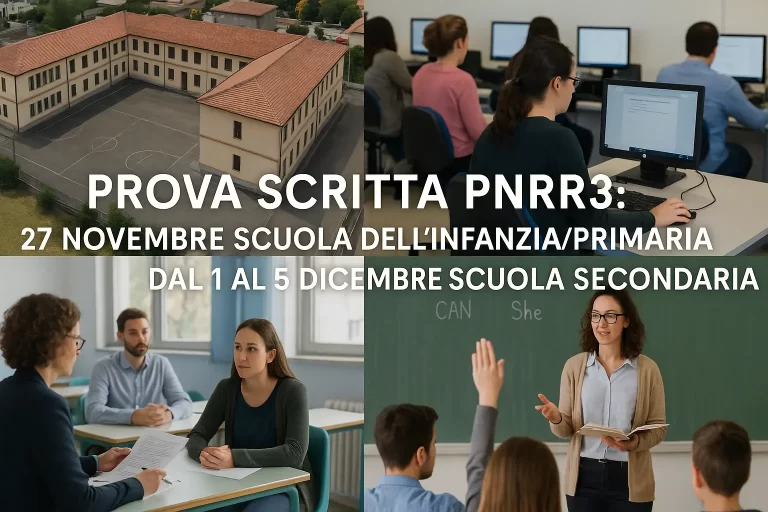 Immagine divisa in 4 parti (una scuola vista dall'alto, un momento della prova scritta del concorso docenti computer based, candidati che affrontano la prova orale, insegnante durante una lezione) e in primo piano la scritta: "Prova Scritta PNRR3: 27 novembre Scuola dell’Infanzia/Primaria, dal 1 al 5 dicembre Scuola Secondaria"