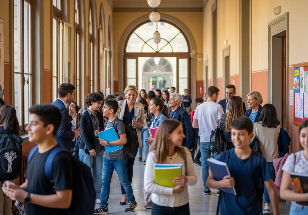 Meccanismo di reclutamento a doppio canale: alunni  e docenti nel corridoio di una scuola
