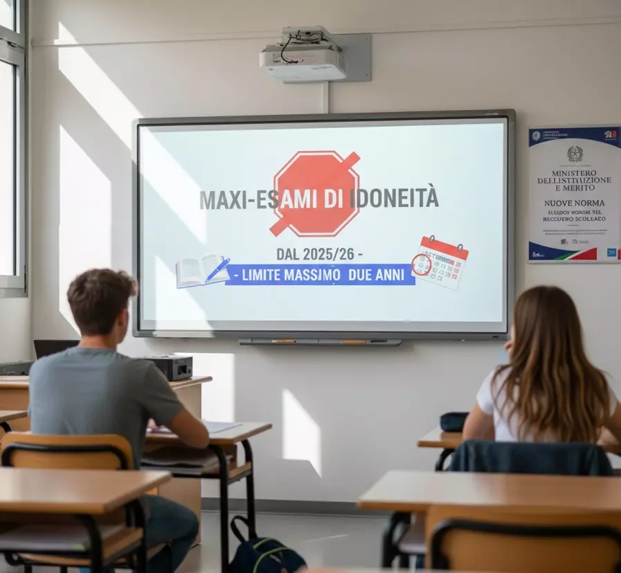 Recupero scolastico accelerato: due studenti in una classe guardano sulla lavagna le novità della Legge 79/2025