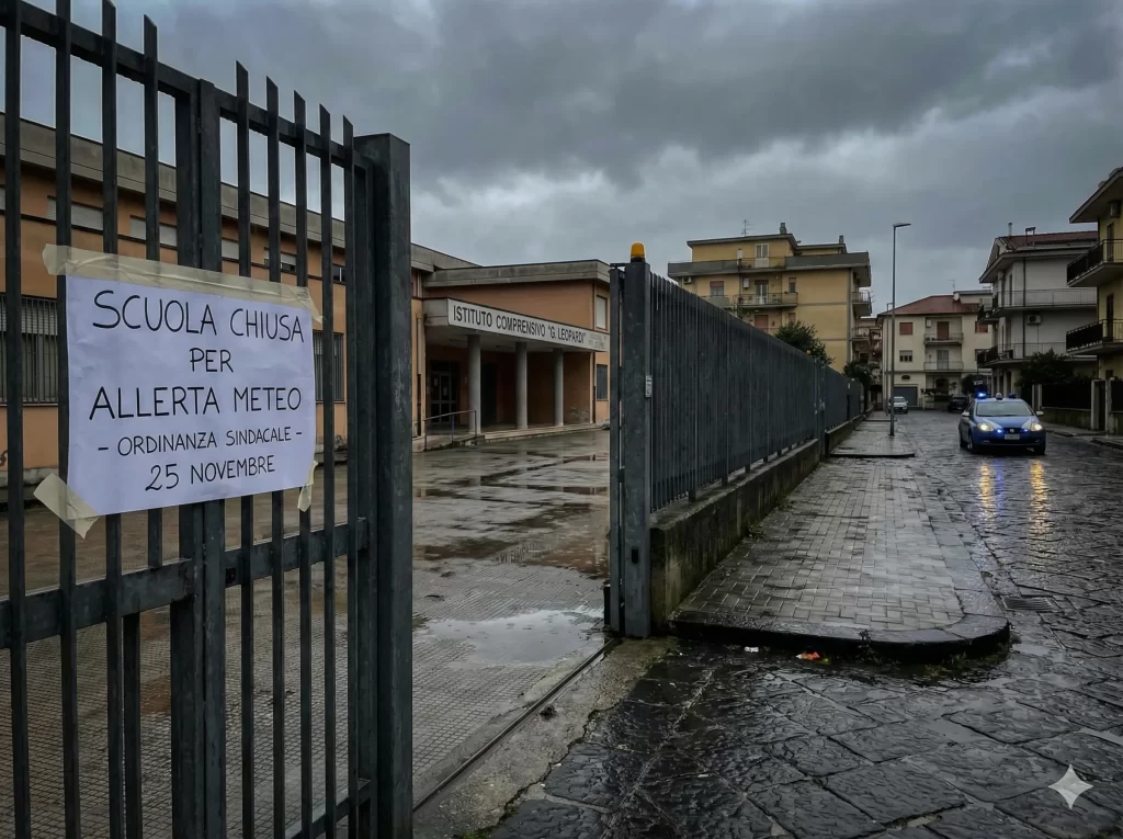 Scuole chiuse Campania 25 novembre: avviso di chiusura scuola affisso sul cancello di un istituto campano