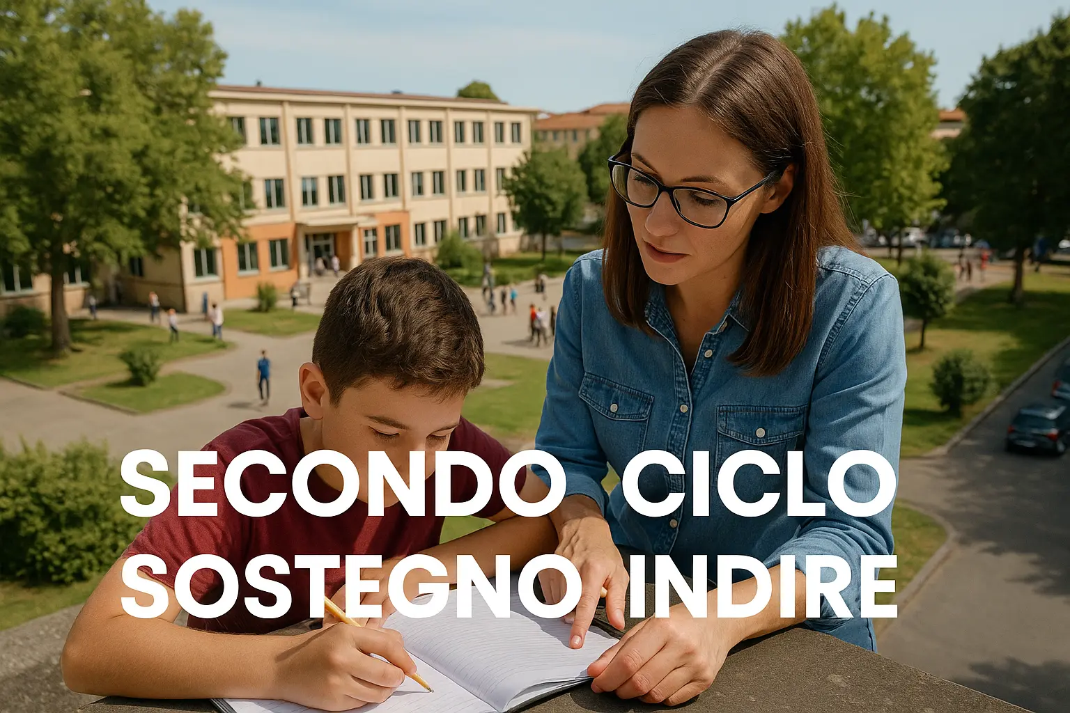 Docente aiuta un bambino con i compiti. Sullo sfondo un edificio scolastico. In primo piano la scritta: "Secondo ciclo ssostegno Indire"