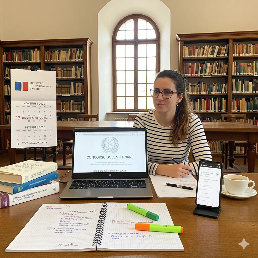 Tracce della Prova Scritta del Concorso PNRR2: un docente con davanti un pc e degli appunti si prepara per il concorso