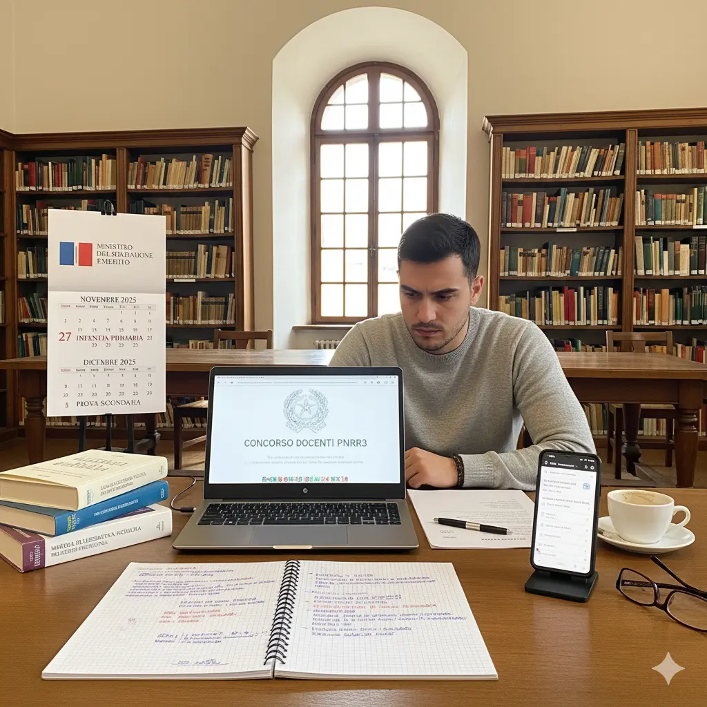 Tracce della Prova Scritta del Concorso PNRR2: un docente con davanti un pc e degli appunti si prepara per il concorso