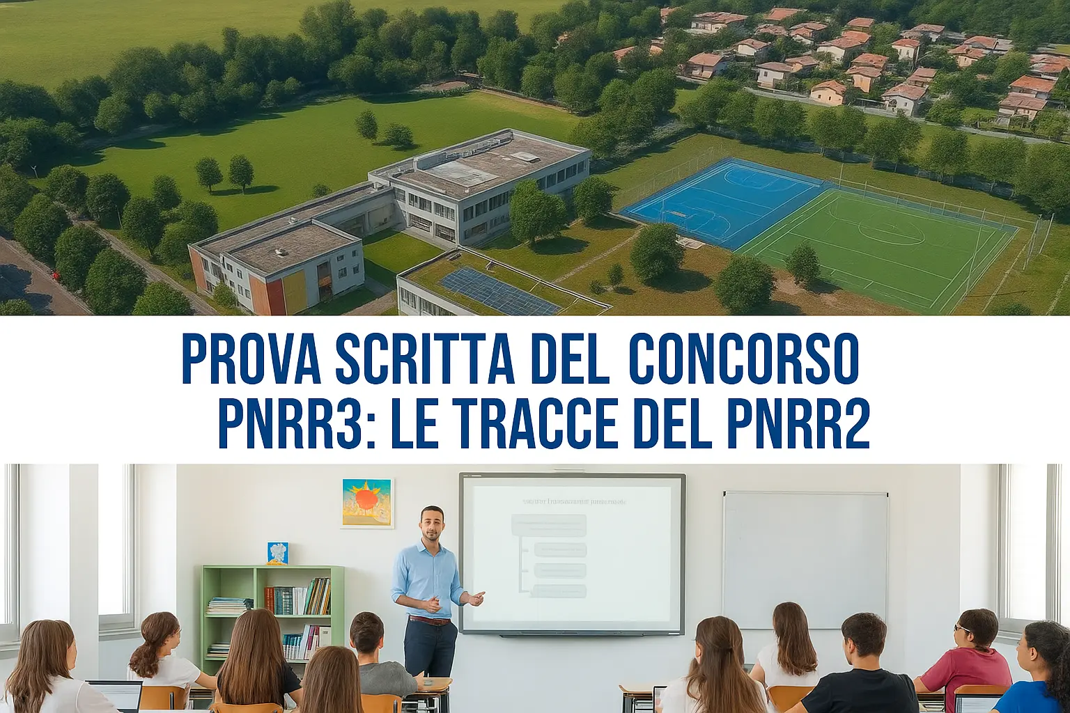 Tracce della Prova Scritta del Concorso PNRR2: immagine divisa in due, con un'edificio scolastico visto dall'alto e un docente in classe. In primo piano la scritta: "Prova Scritta del Concorso PNRR3: le tracce del PNRR2"