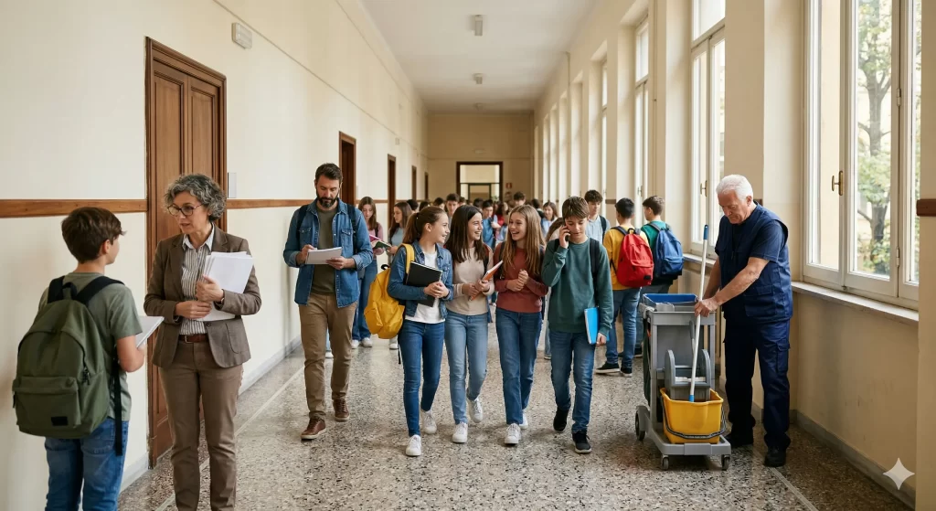 Mobilità ATA 2026: alunni, docenti e ATA nel corridoio di una scuola