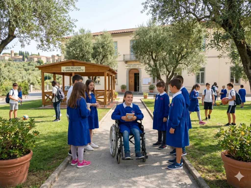 Assunzioni GPS sostegno prima fascia 2026/2027: alunno disabile nel cortile della scuola con altri alunni