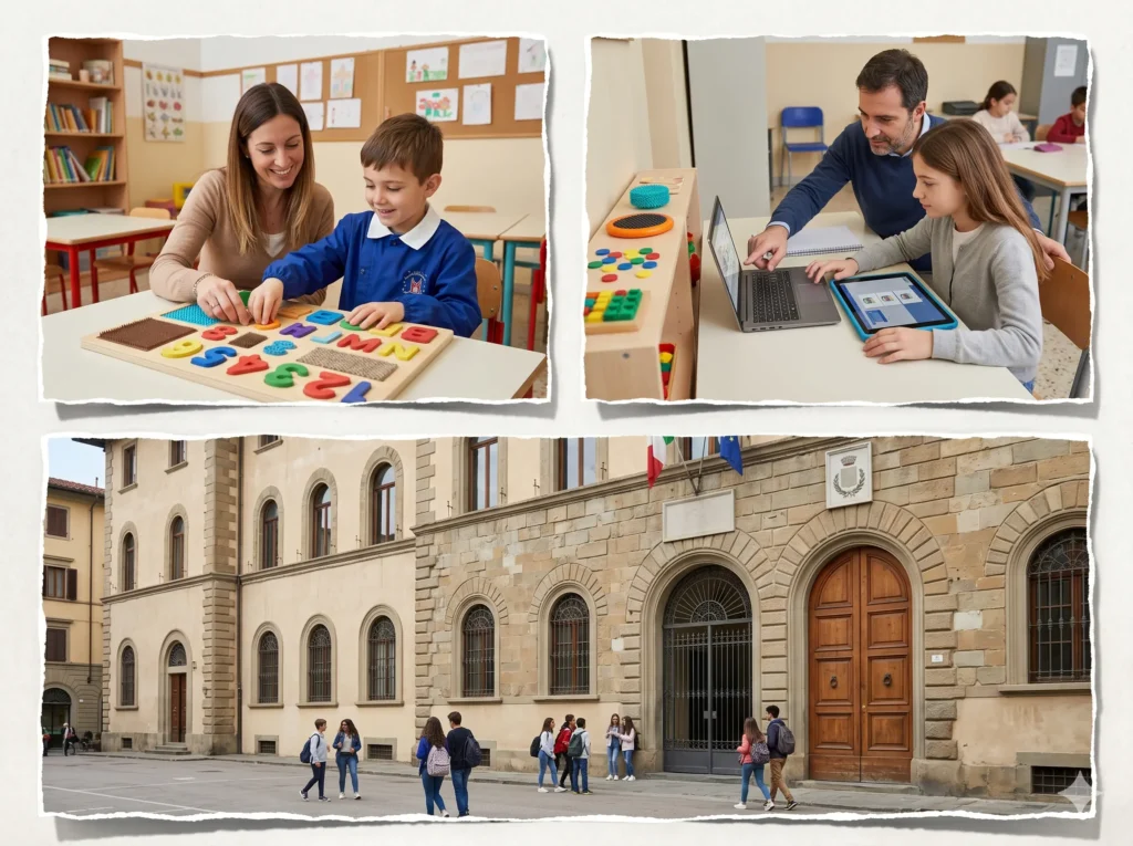 TFA Sostegno 2026, foto divisa in tre parti: docenti con alunni disabili e un edificoo scolastico