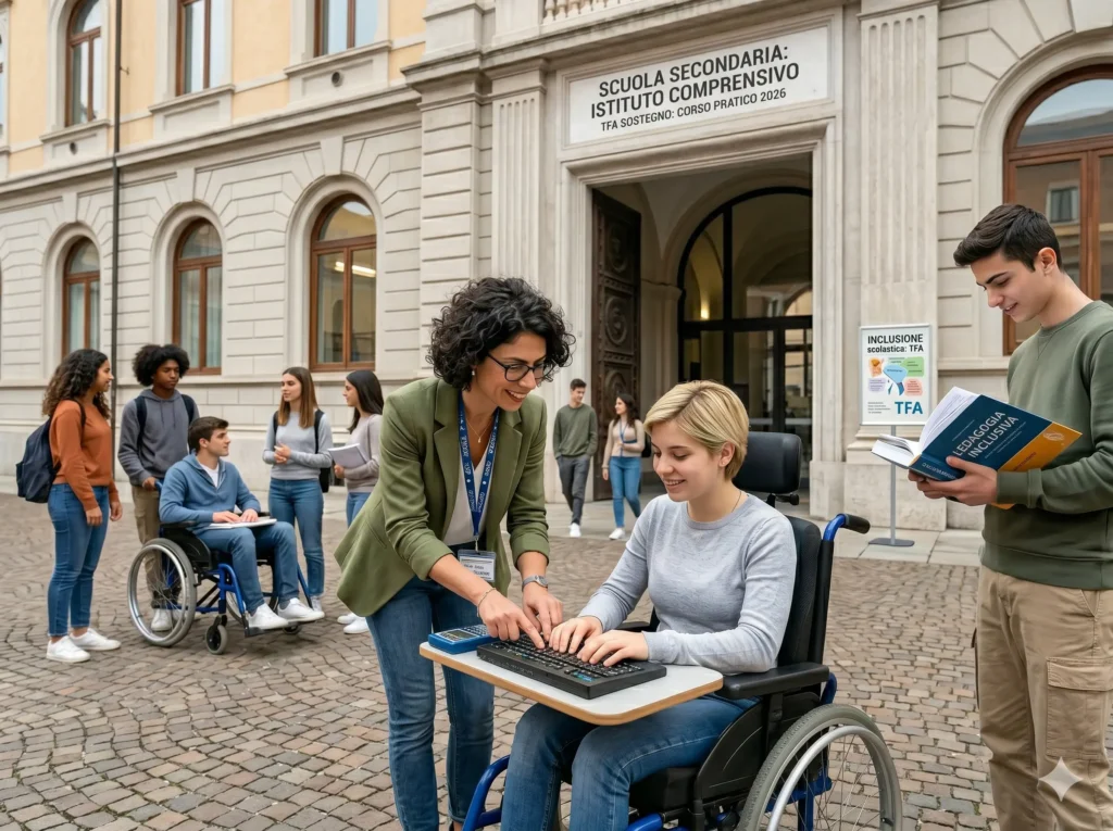 TFA Sostegno 2026 costi: docente con un'alunna disabile davanti ad una scuola