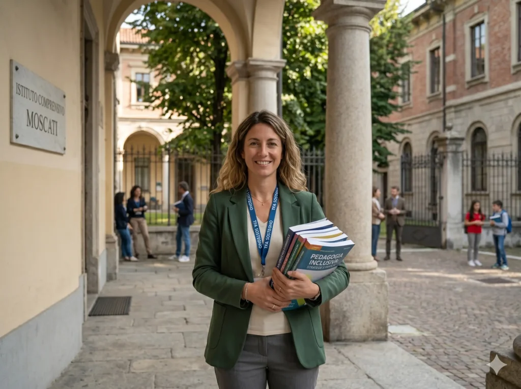 TFA Sostegno 2026 prove preselettive: docente con libri in mano davanti ad una scuola