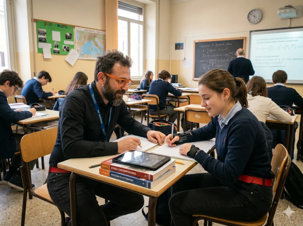 TFA Sostegno 2026: quando esce il bando. Docente di sostegno con un'alunna durante una lezione.