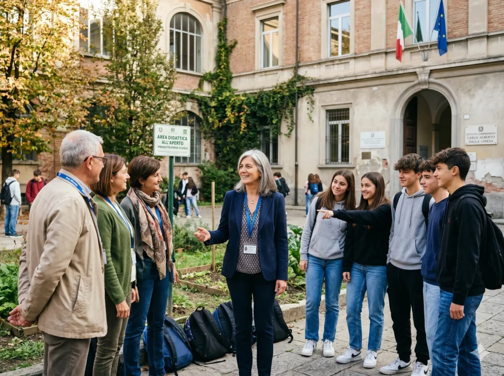 Contratto dirigenti scolastici 2022-24: DS con docenti e alunni davannti ad una scuola