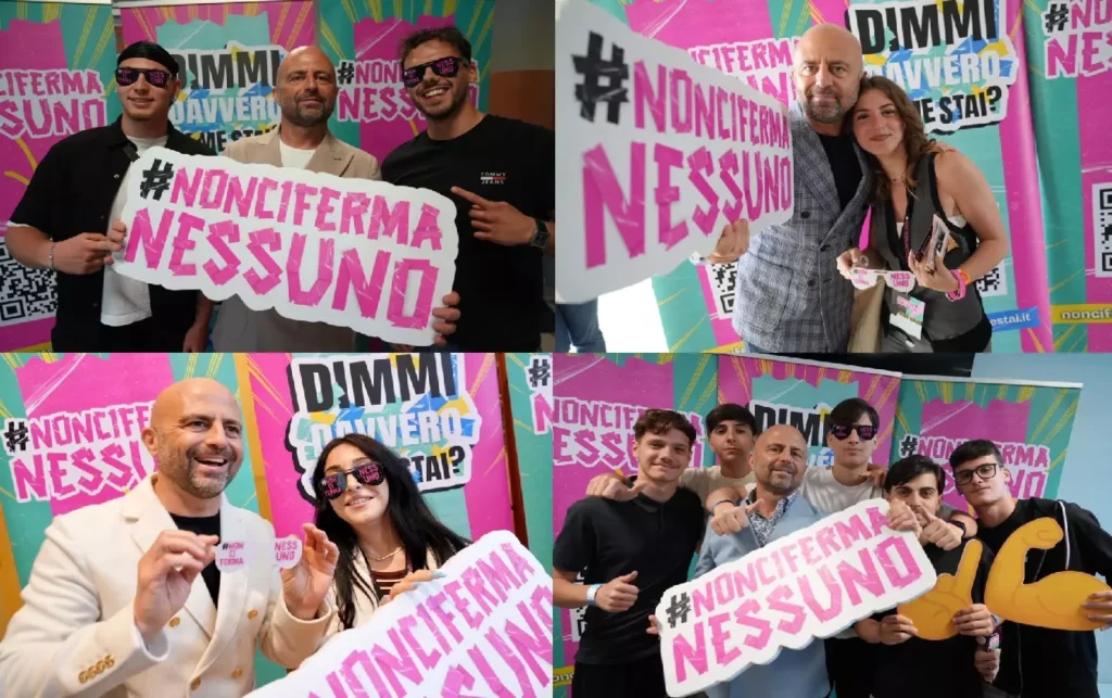 #NonCiFermaNessuno 2026: (immagine divisa in 4) Luca abete con alcuni studenti universitari