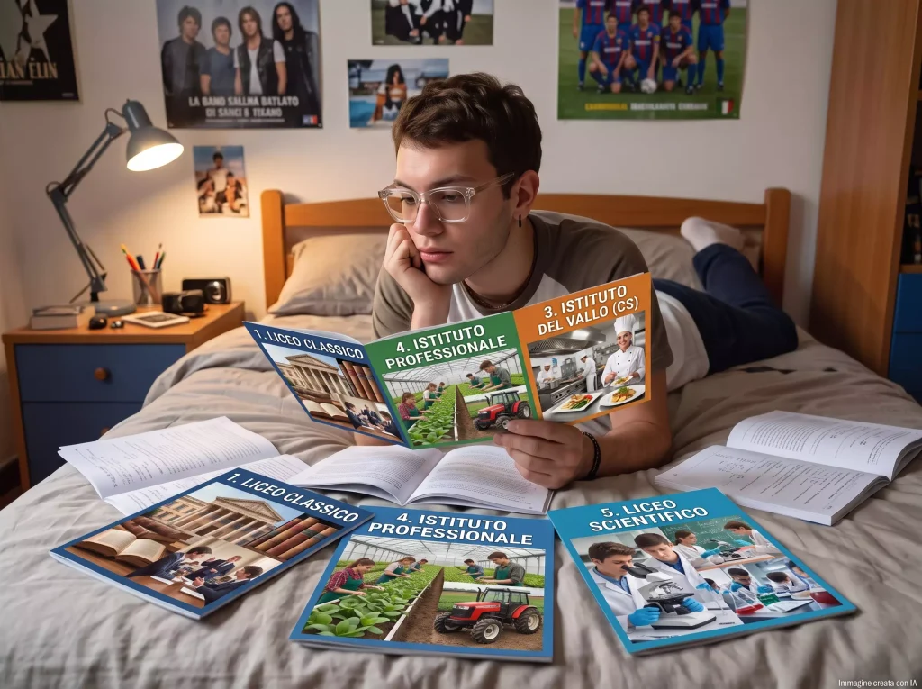 Scelta della scuola superiore: studente sul letto consulta depliant informativi di vari indirizzi scolastici
