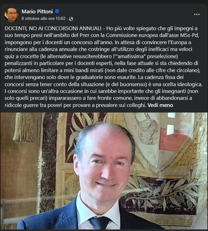 Mini-concorsi docenti 2027: il post su Facebook di Pittoni